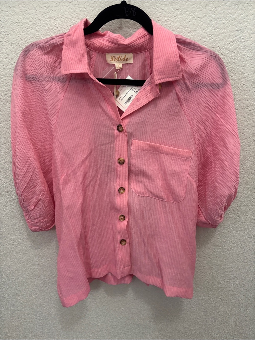 Listicle Pink Button-Front Puff Sleeve Top